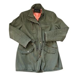 Bellivera Utility Cargo Jacket Coat Khaki Zip Up Green Plush Peach Lining Medium